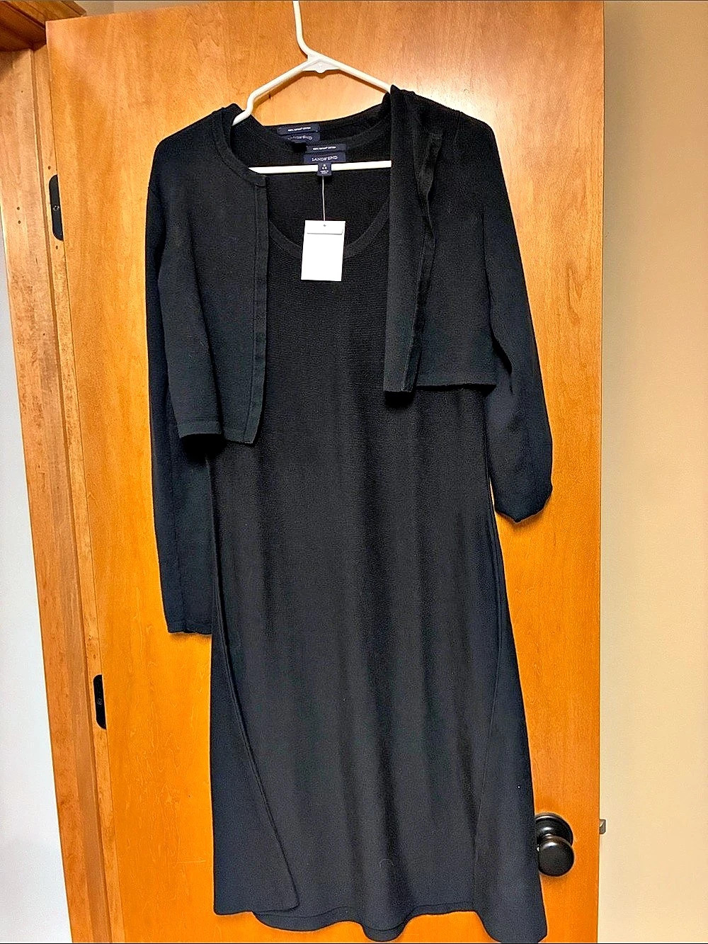 Lands' End Fine Gauge Cotton Cardigan and Tank Sweater Set Black Cotton Midi
